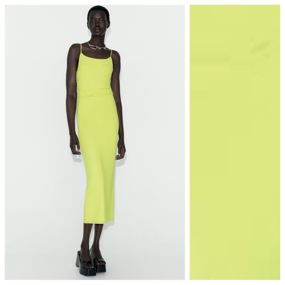 NWT. Zara Neon Yellow Fitted Long Dress. Size L.